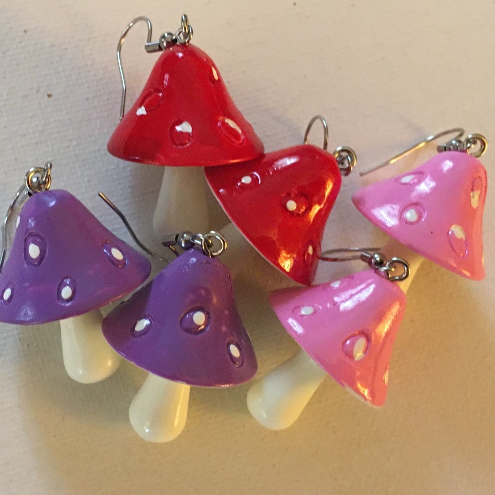 3 Pairs Resin Mushroom Earrings, Dangle, Purple Pink & Red, Steel Hook, New